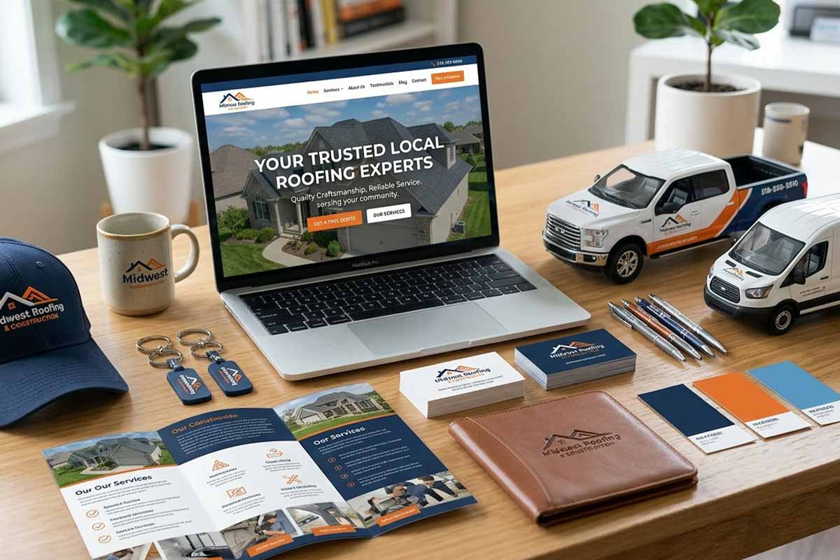 A collage of print collateral and roofing website graphics that symbolize how to market a roofing company